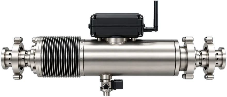 Render of the Kinva sensor pod: a stainless steel gas-line module with an electronics box and antenna